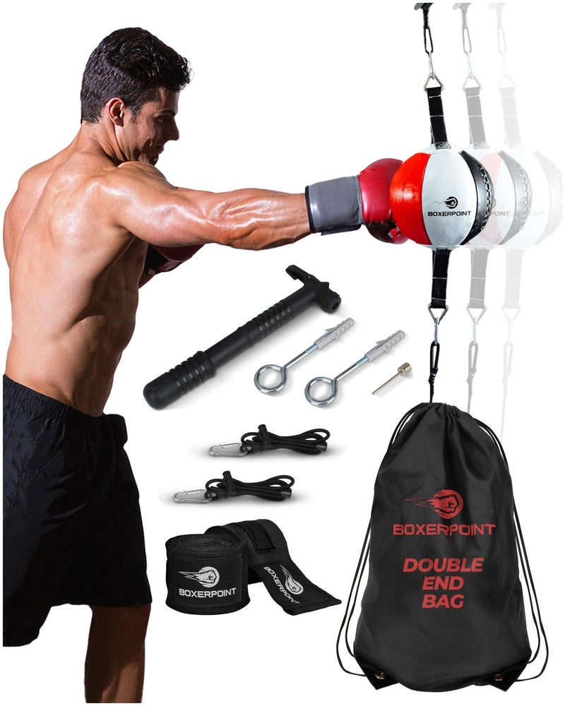 Boxerpoint Double End Boxing Bag - Small 7x7 in Red/White/Black Speed Training with Speed Punching Bag Platform & Boxing Reflex Ball - Training Station for Adults - Gym Equipment - Image 1